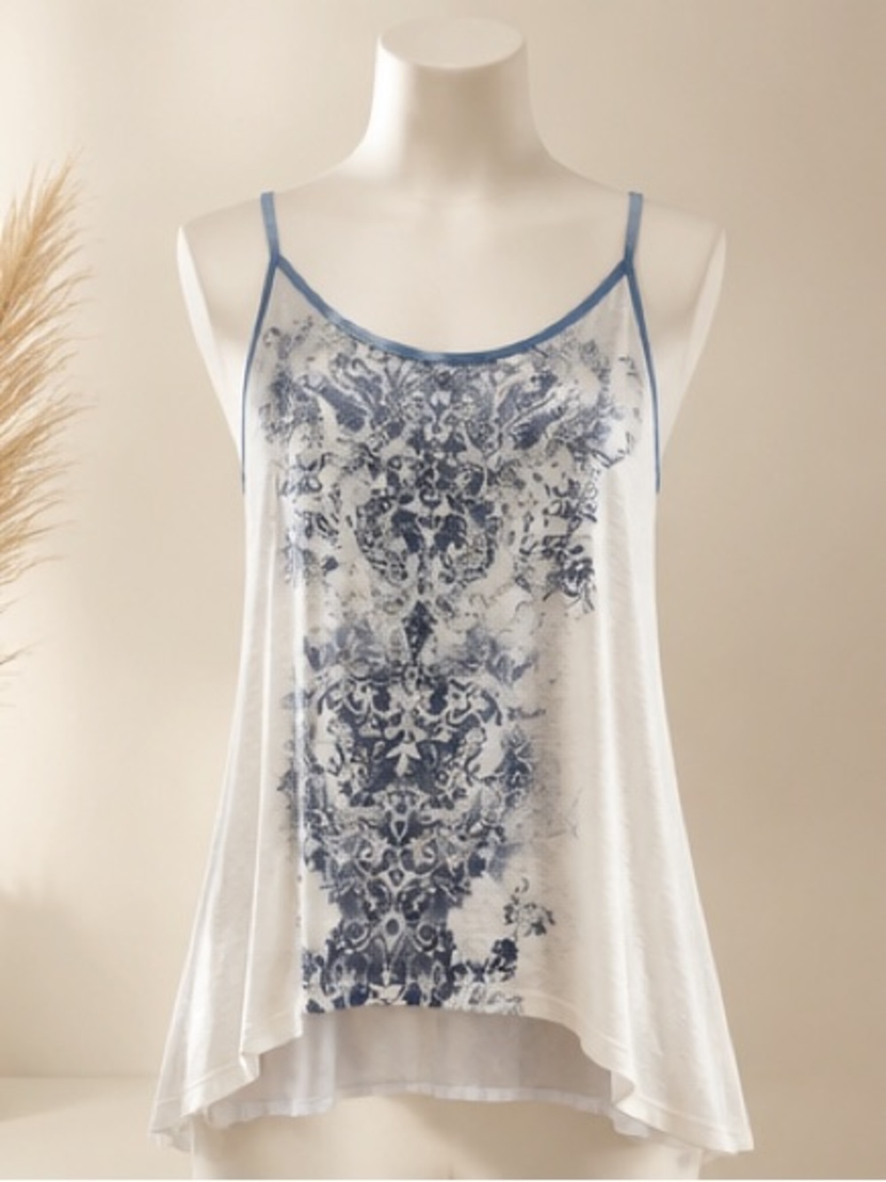 Miss Me White Camisole with Blue Ornate Front Print